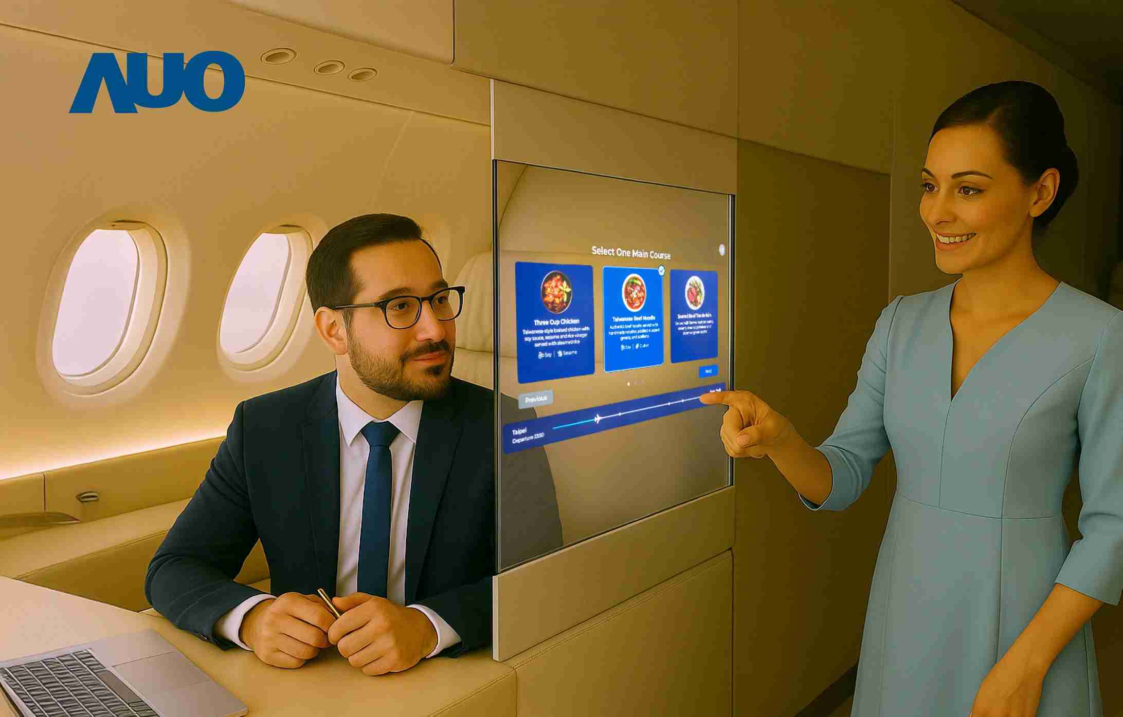 EBpay研发全球最薄17.3 吋双面透明 Micro LED 显示器，，，，可在同一屏幕之双边投射不同信息，，，创造独特的”透明化”互动；图为实时翻译交流应用情境